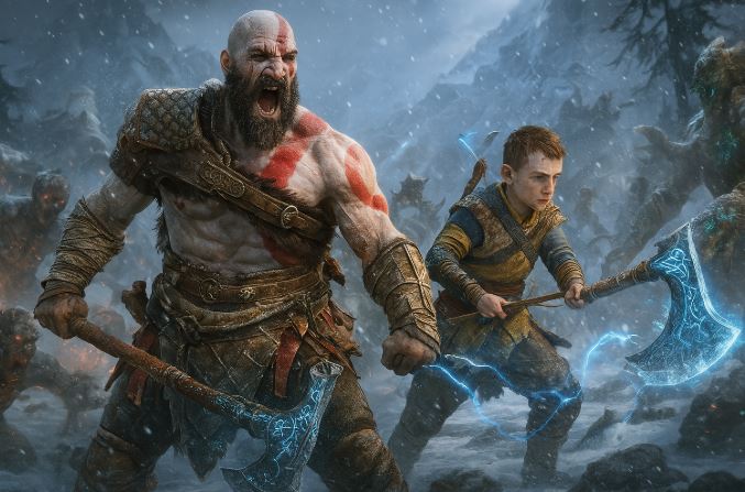 God of War Ragnarök Kratos and Atreus in battle