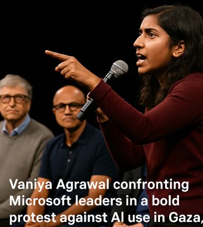 Vaniya Agrawal confronting Microsoft leaders in a bold protest against AI use in Gaza, highlighting ethical concerns in tech industry.