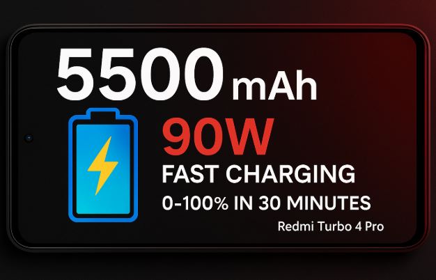 Xiaomi Redmi Turbo 4 Pro 5500mAh battery capacity with 90W fast charging visual in Redmi colors